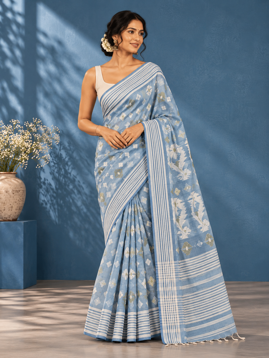 Bengal Cotton Jamdani Saree – Sky Blue and White