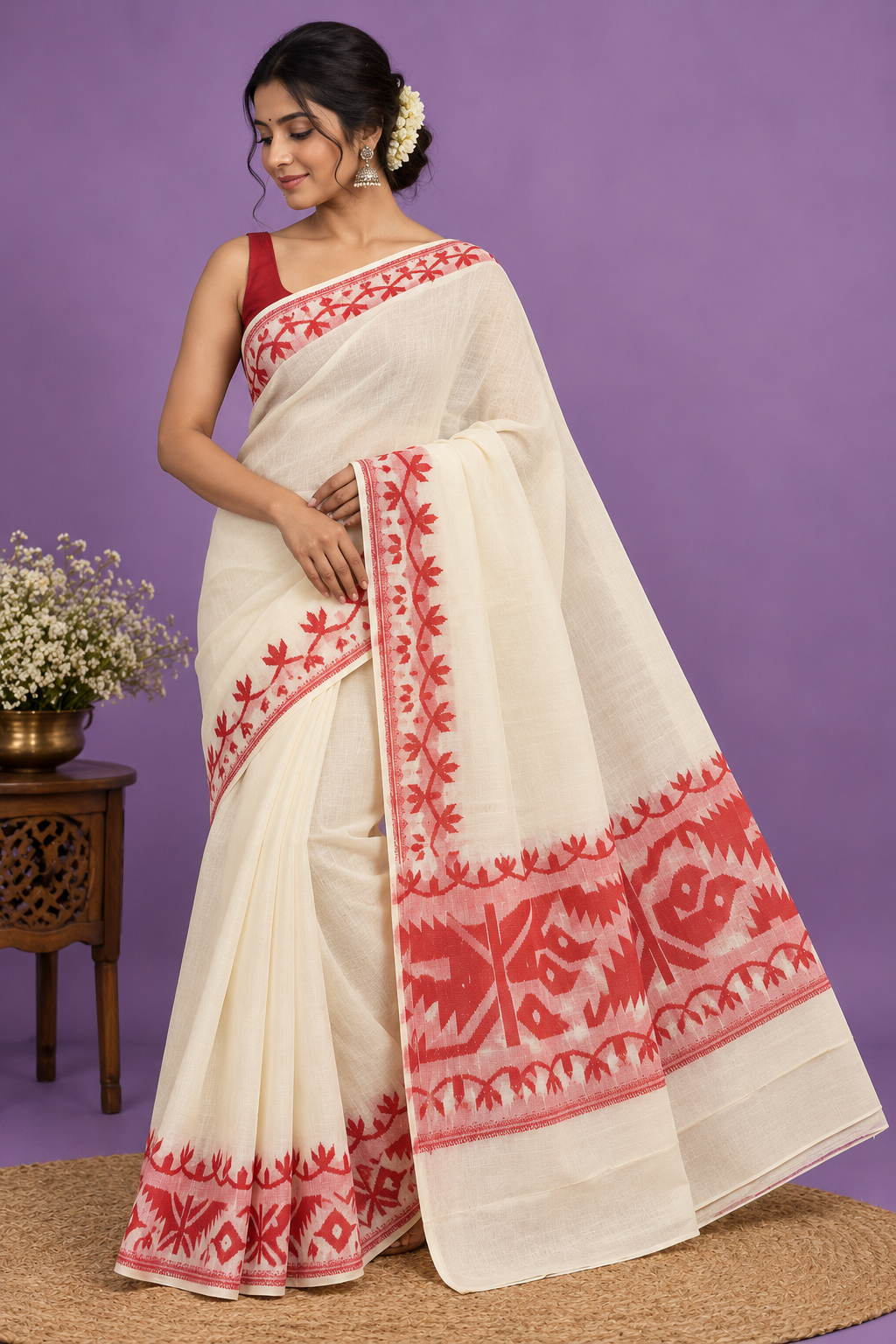 Jamdani Handwoven Saree | Off White Cotton Handloom Saree with Jamdani pattern border