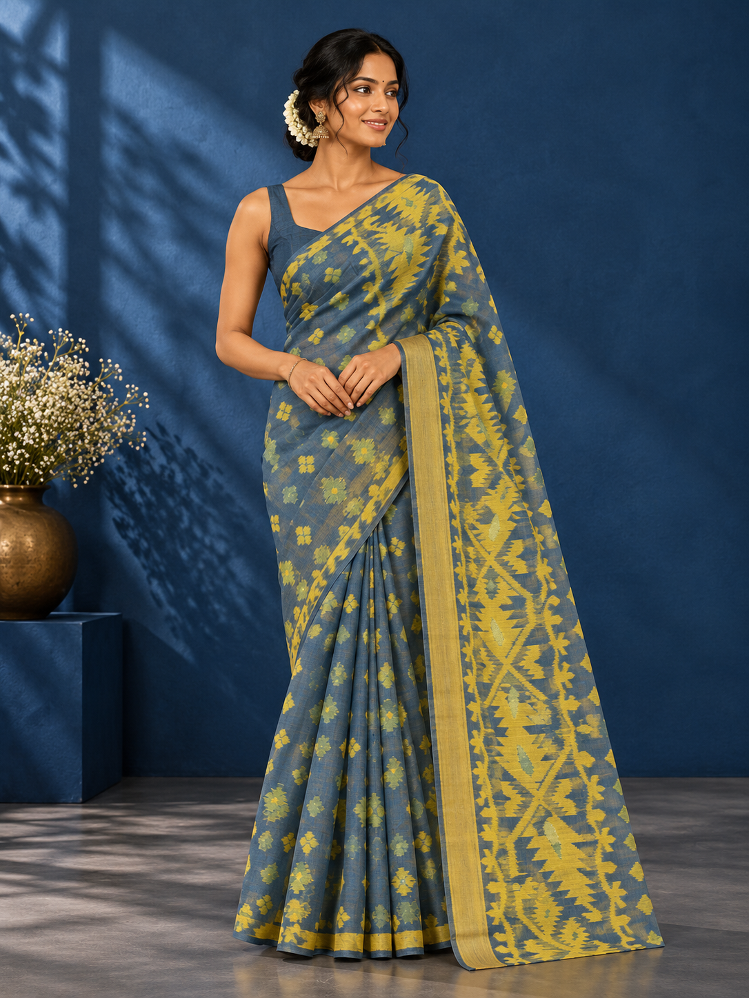 Bengal Cotton Jamdani Saree – Muted denim blue and yellow combo