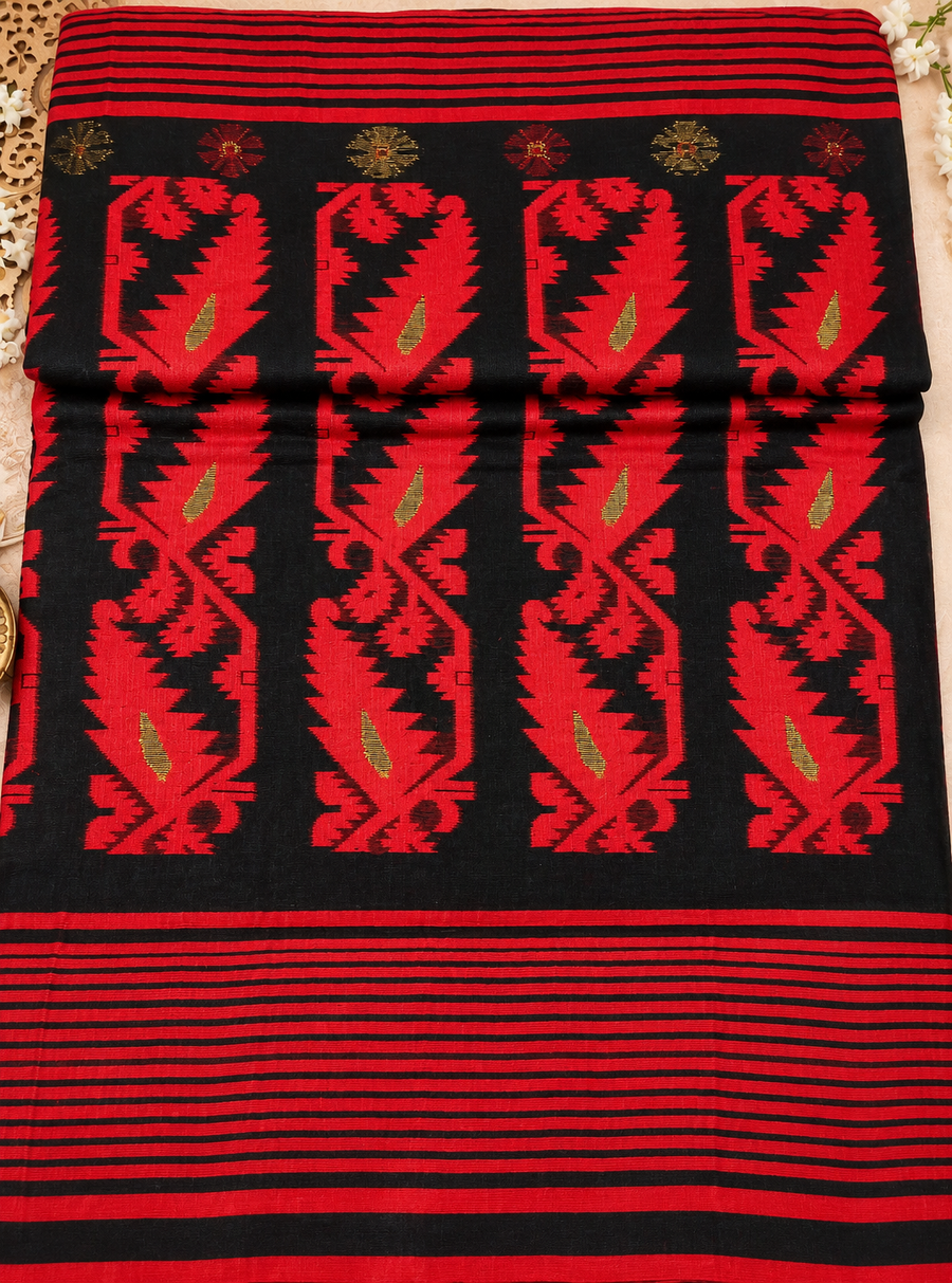 Bengal Cotton Jamdani Saree – Black & Red