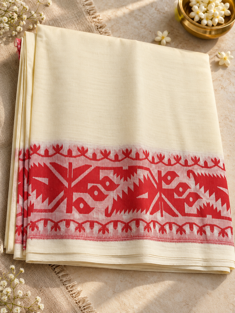 Jamdani Handwoven Saree | Off White Cotton Handloom Saree with Jamdani pattern border