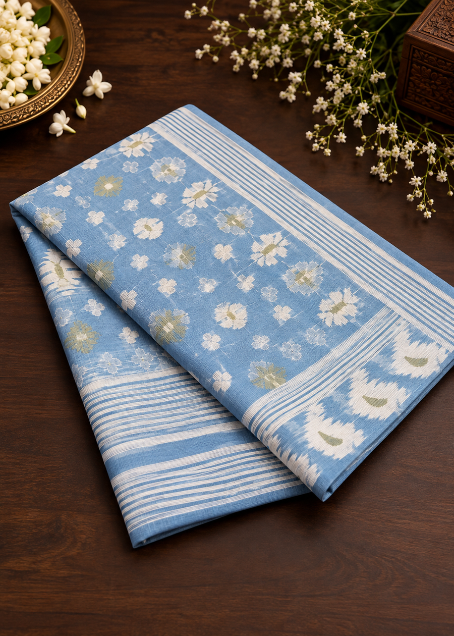 Bengal Cotton Jamdani Saree – Sky Blue and White