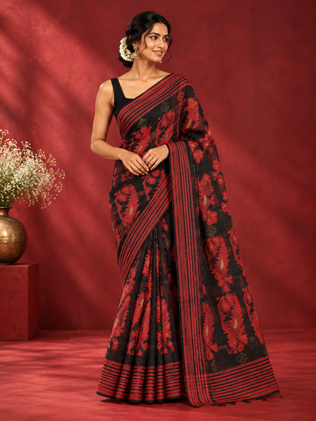 Bengal Cotton Jamdani Saree – Black & Red