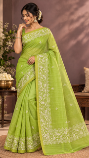 Chanderi Tissue Saree | Lime Green