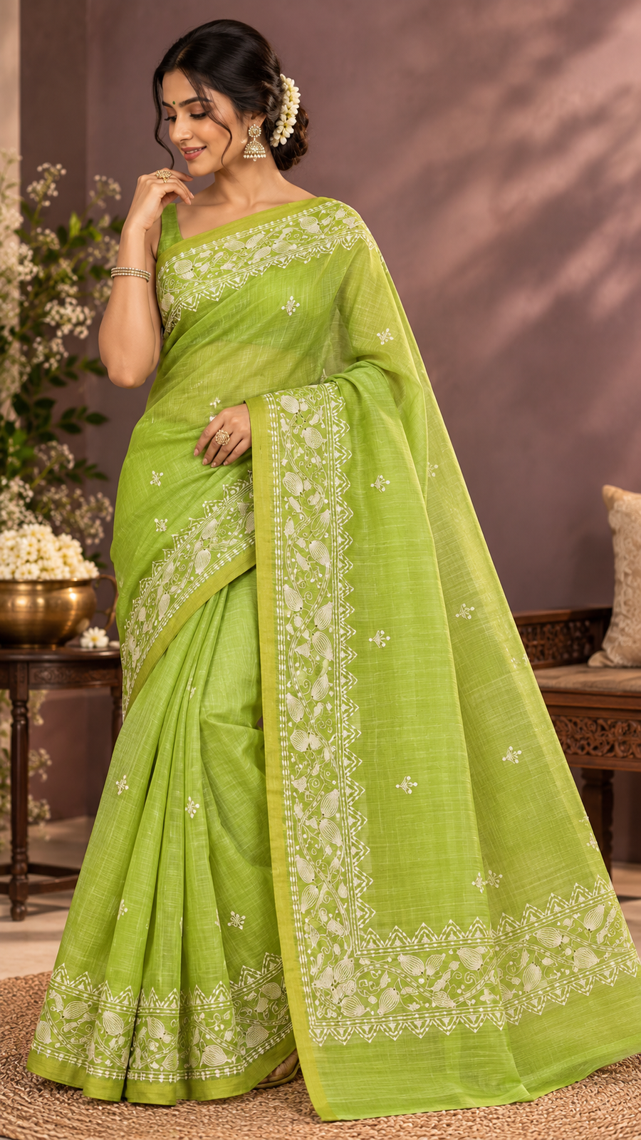 Chanderi Tissue Saree | Lime Green