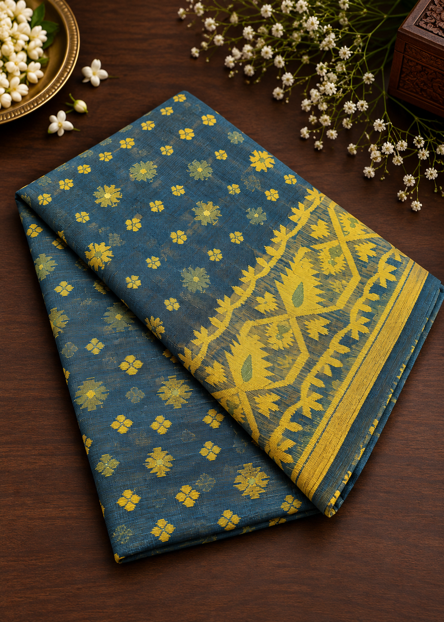 Bengal Cotton Jamdani Saree – Muted denim blue and yellow combo