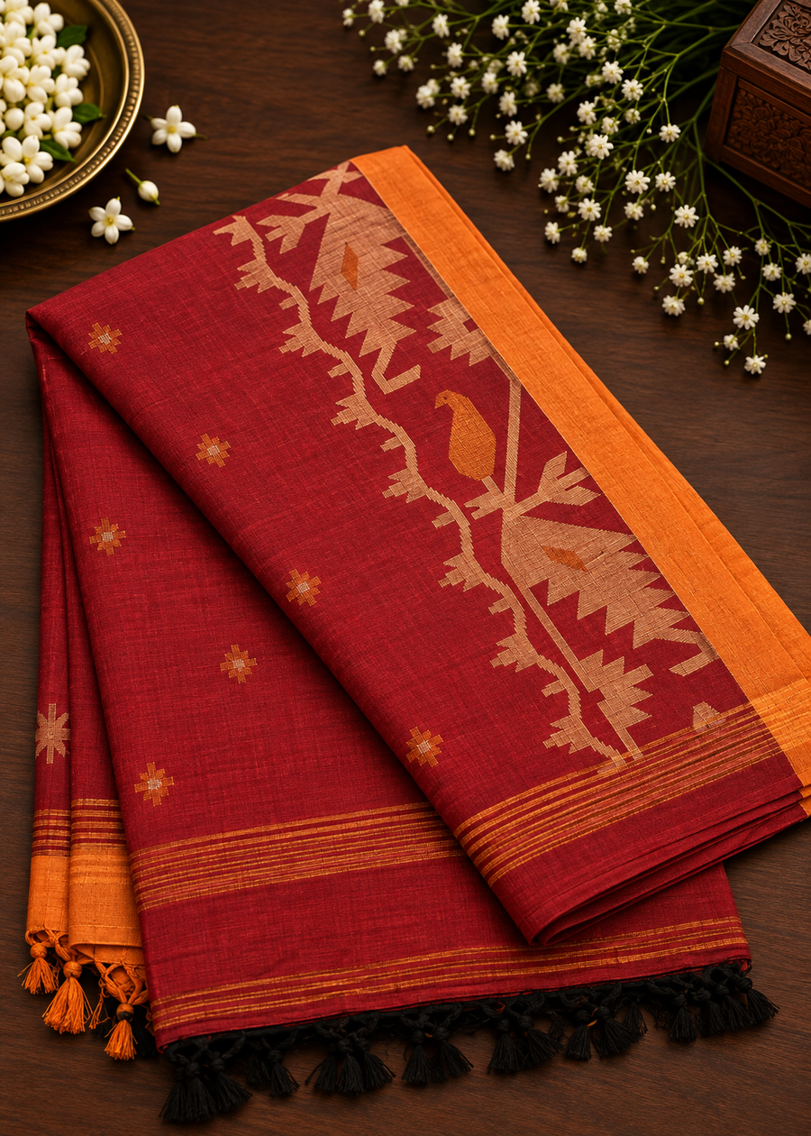 Bengal Khadi Handwoven Cotton Saree | Maroon and Orange combination
