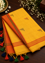 Bengal Khadi Handwoven Cotton Saree | Yellow and Red border with thread work