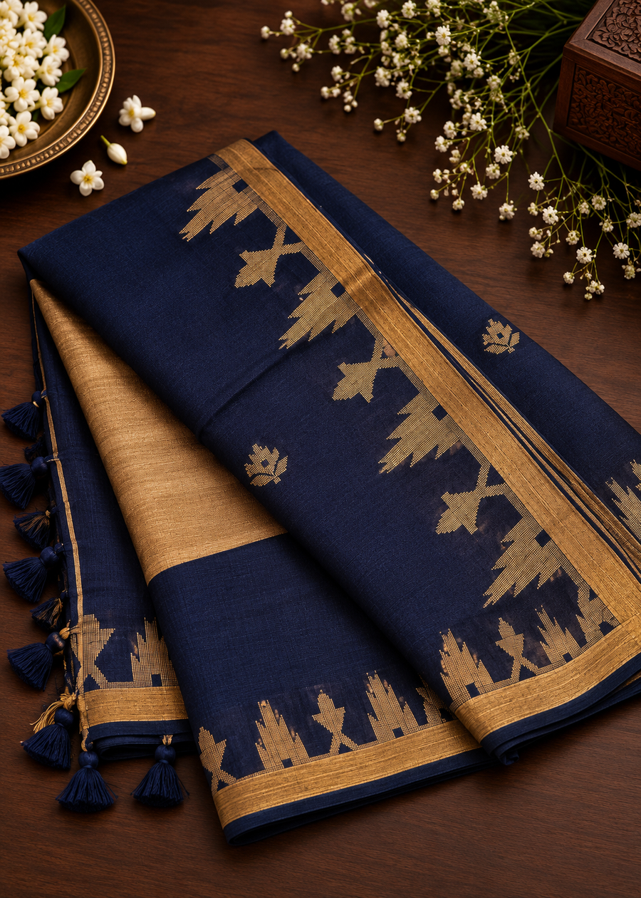 Bengal Khadi Handwoven Cotton Saree | Royal blue with golden combination