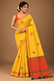 Bengal Khadi Handwoven Cotton Saree | Yellow and Red border with thread work