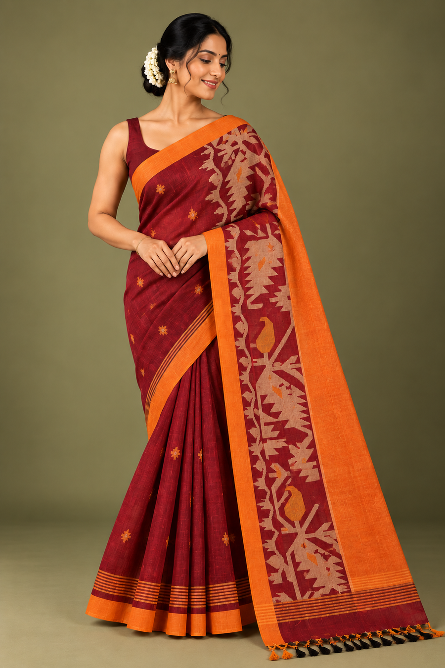 Bengal Khadi Handwoven Cotton Saree | Maroon and Orange combination