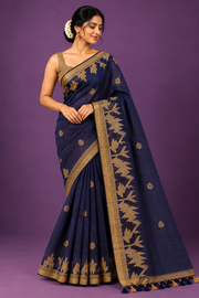 Bengal Khadi Handwoven Cotton Saree | Royal blue with golden combination